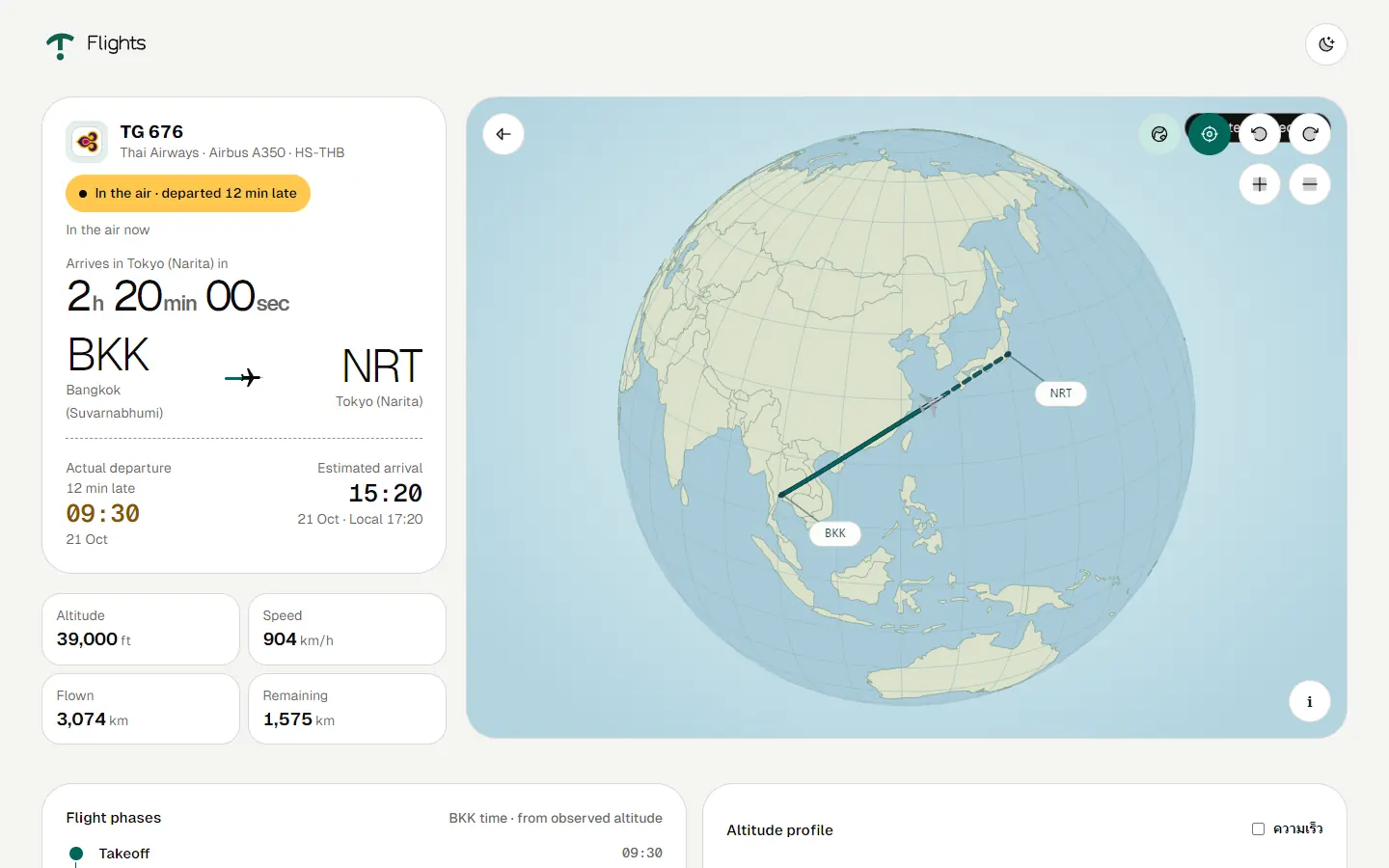 หน้าจอ Flights ลูกโลกและรายละเอียดเที่ยวบิน · ข้อมูลจำลอง